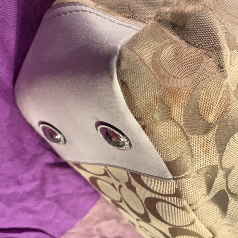 White and tan coach canvas with leather trim. - Picture 8 of 13